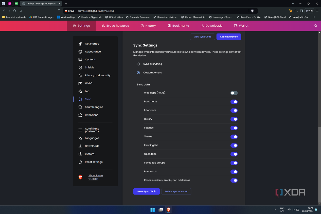 Screenshot of sync settings in Brave browser