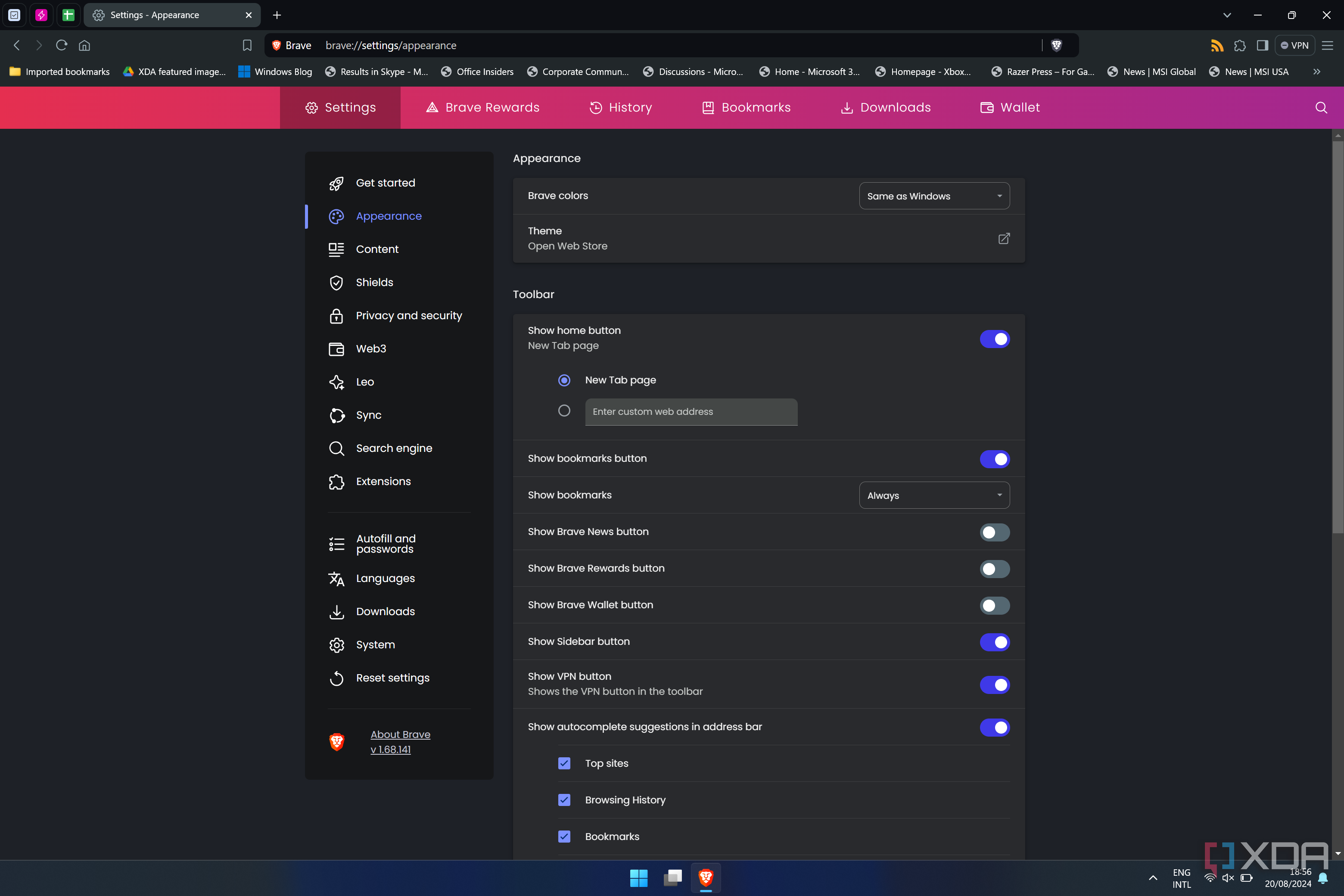 Screenshot of appearance settings in Brave browser