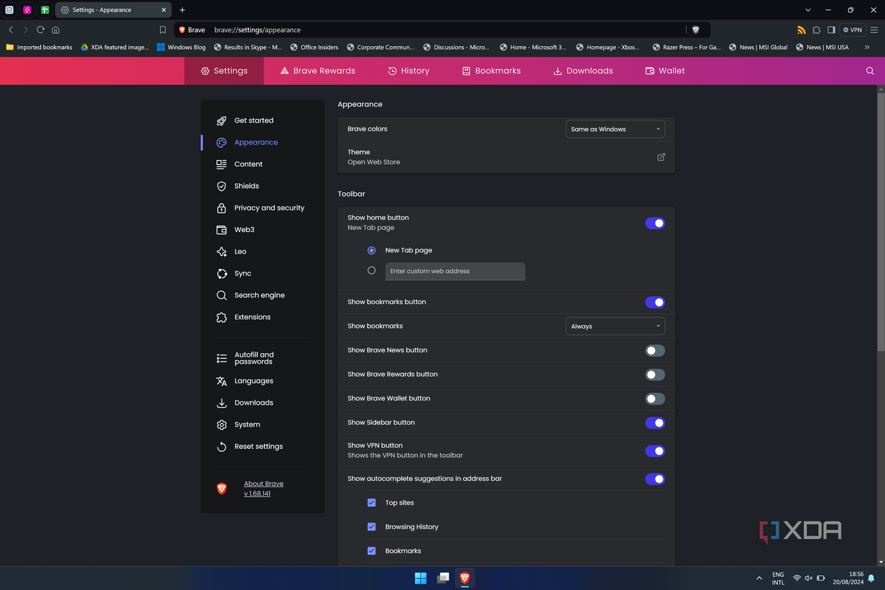 Screenshot of appearance settings in Brave browser