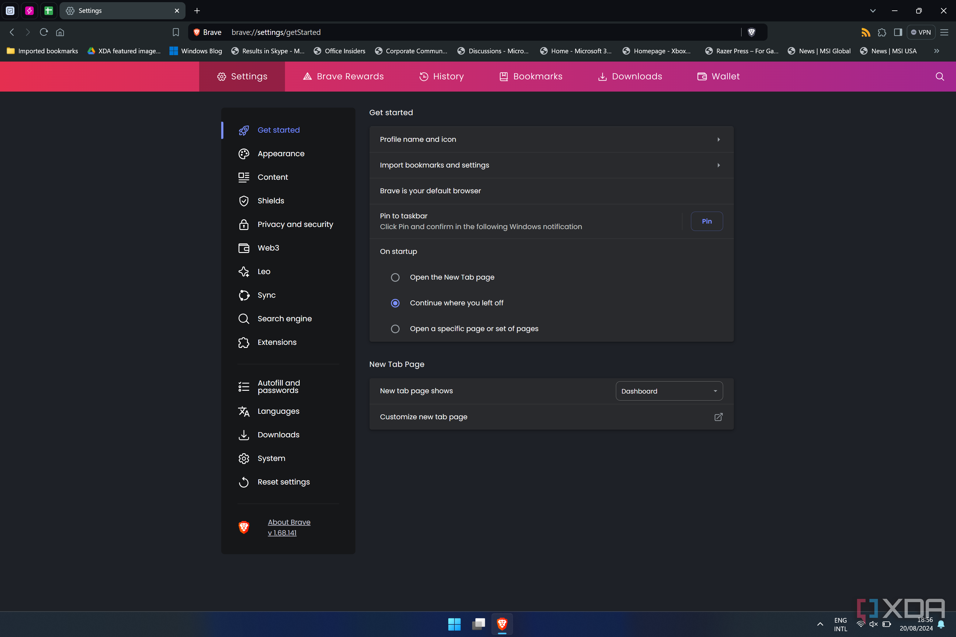 Screenshot of general settings in Brave browser