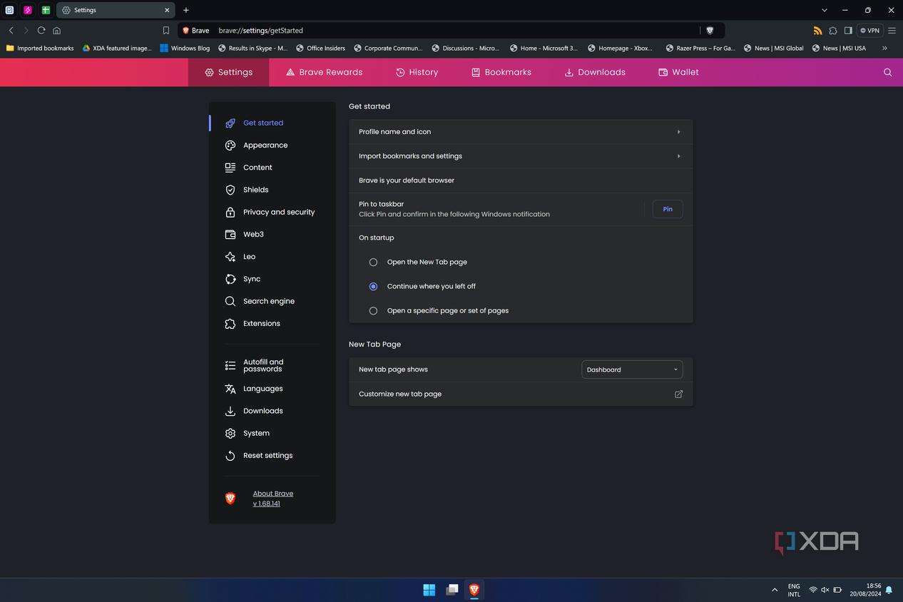 Screenshot of general settings in Brave browser