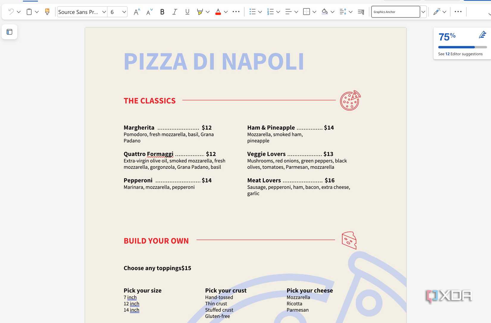 Create a restaurant menu in Word