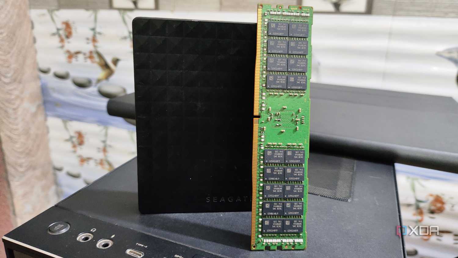 An ECC memory stick resting on a 2TB Seagate external HDD