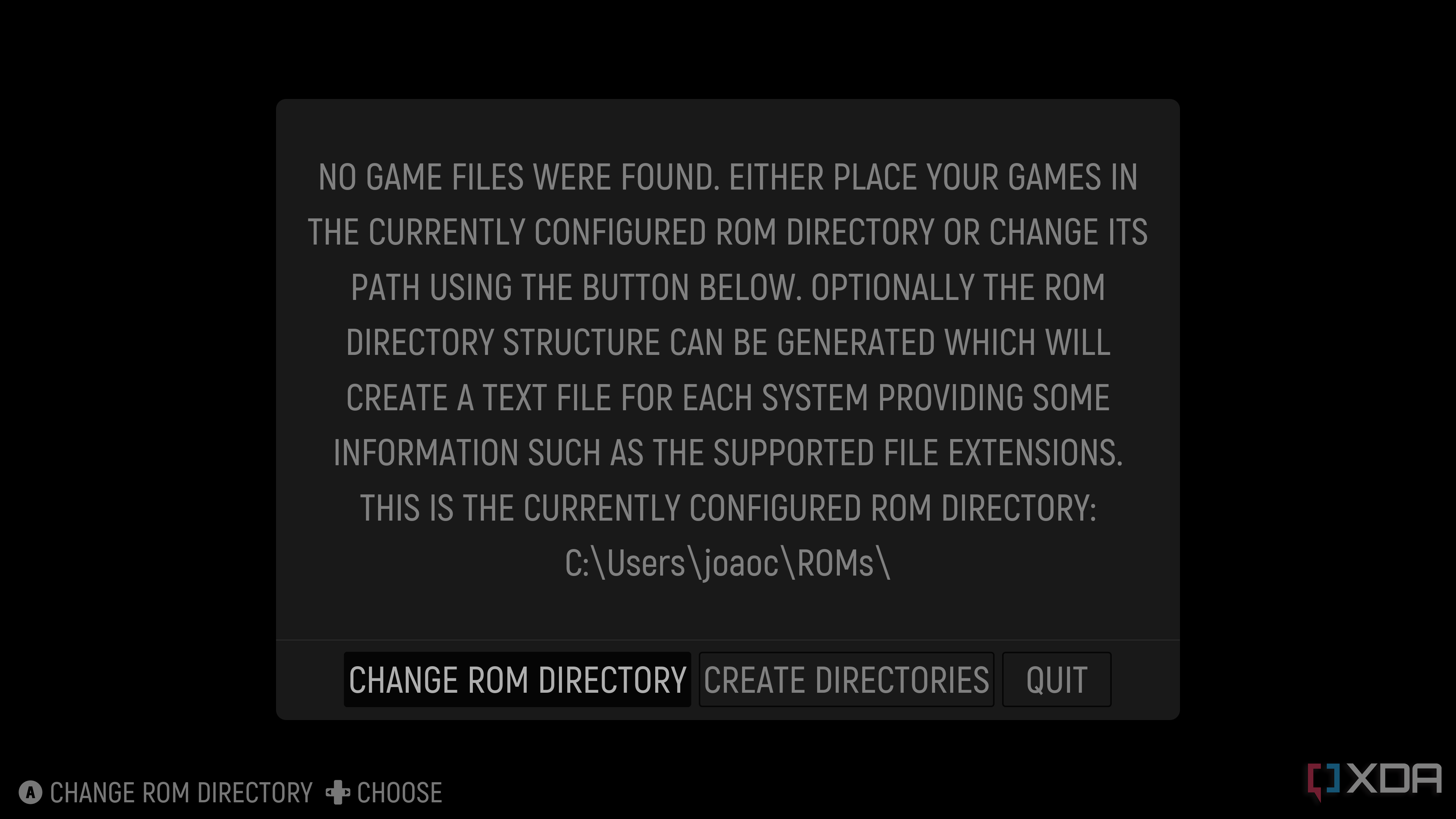 Screenshot of EmulationStation at first boot asking the user to create directories for roms