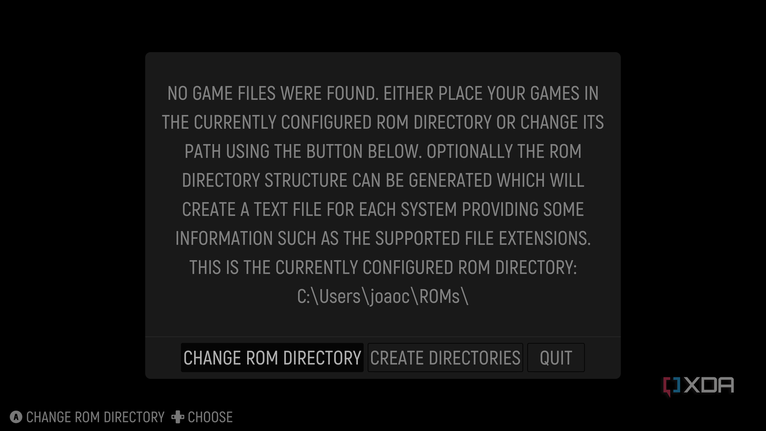 Screenshot of EmulationStation at first boot asking the user to create directories for roms