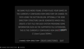 Screenshot of EmulationStation at first boot asking the user to create directories for roms