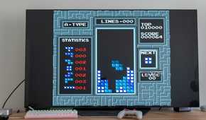 A TV displaying Tetris for the NES running in EmulationStation