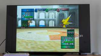 A TV display Pokémon Stadium 2 running in EmulationStation through RetroArch