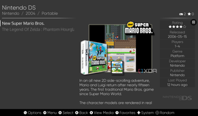 Screenshot of EmulationStation showing information about New Super Mario Bros. for the Nintendo DS