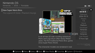 Screenshot of EmulationStation showing information about New Super Mario Bros. for the Nintendo DS
