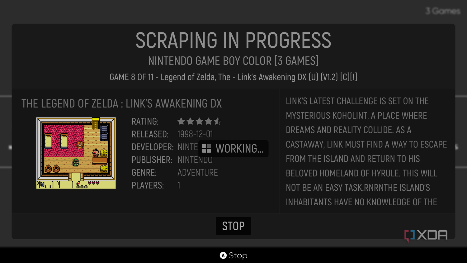 Screenshot of EmulationStation scraping data for installed games