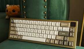 Front view of a gold and white mechanical keyboard on a green surface