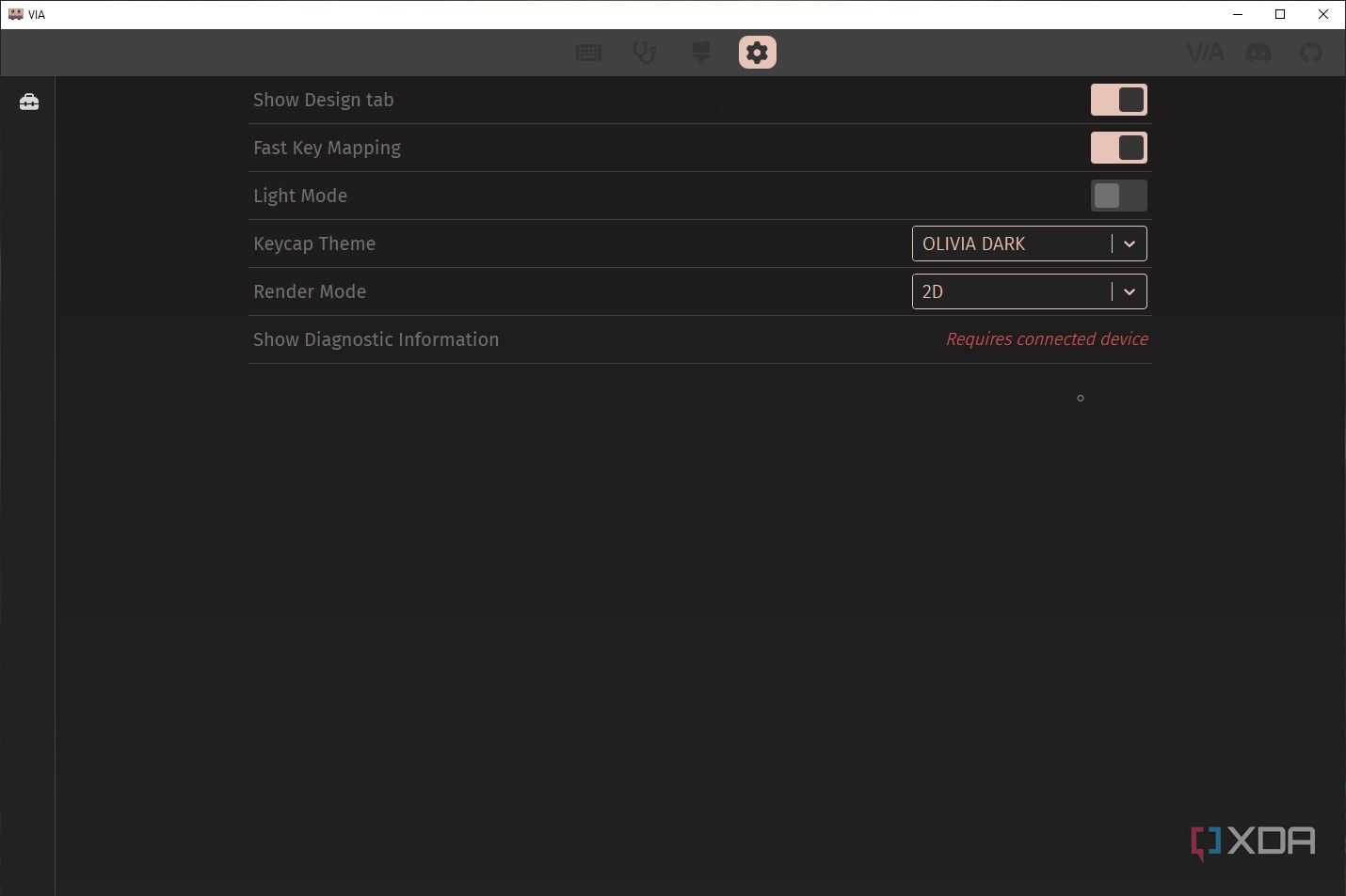 Screenshot of VIA tool showing the option to enable the Design tab