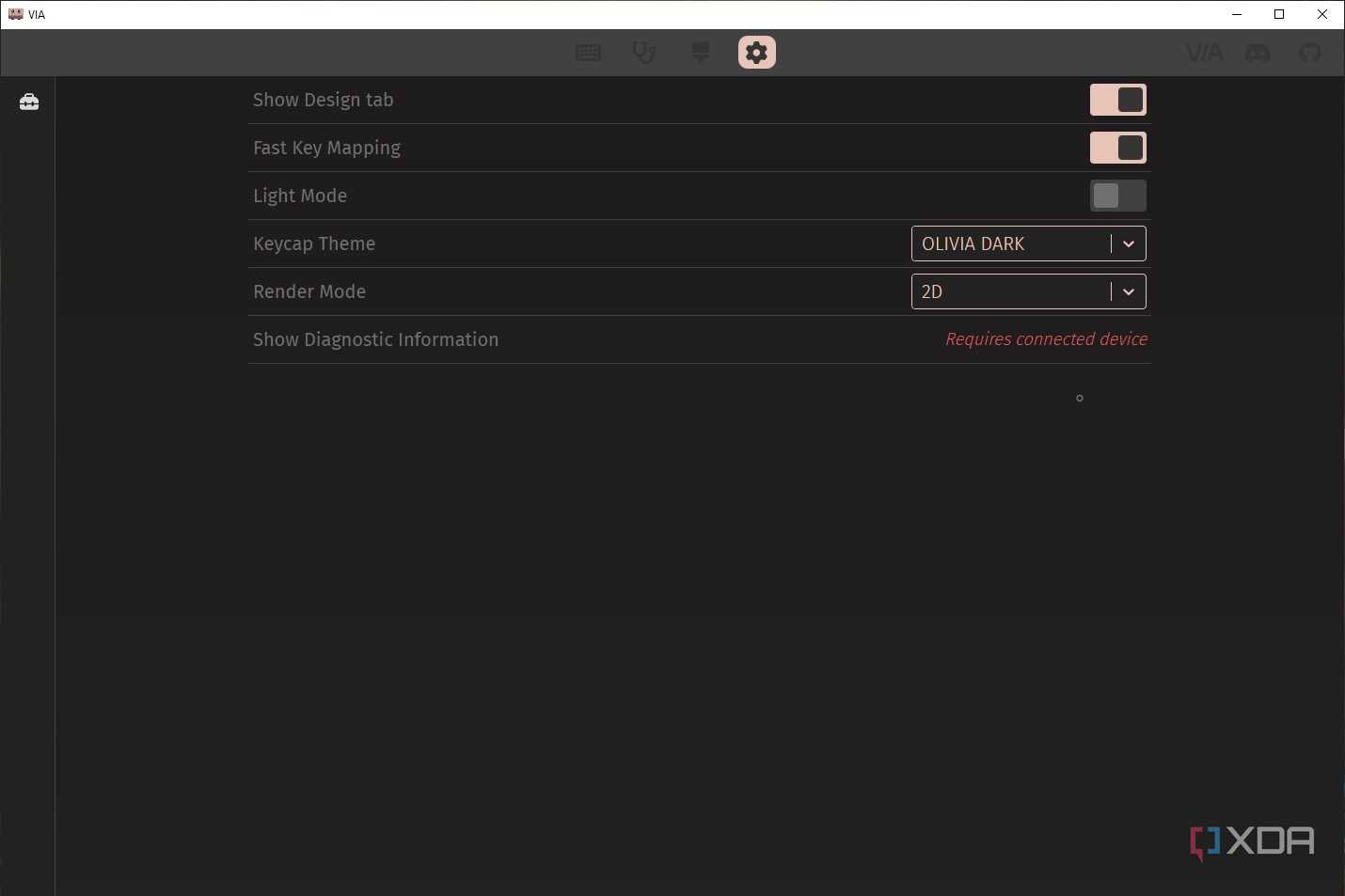 Screenshot of VIA tool showing the option to enable the Design tab