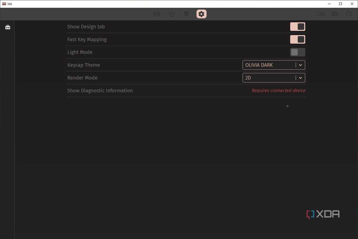 Screenshot of VIA tool showing the option to enable the Design tab