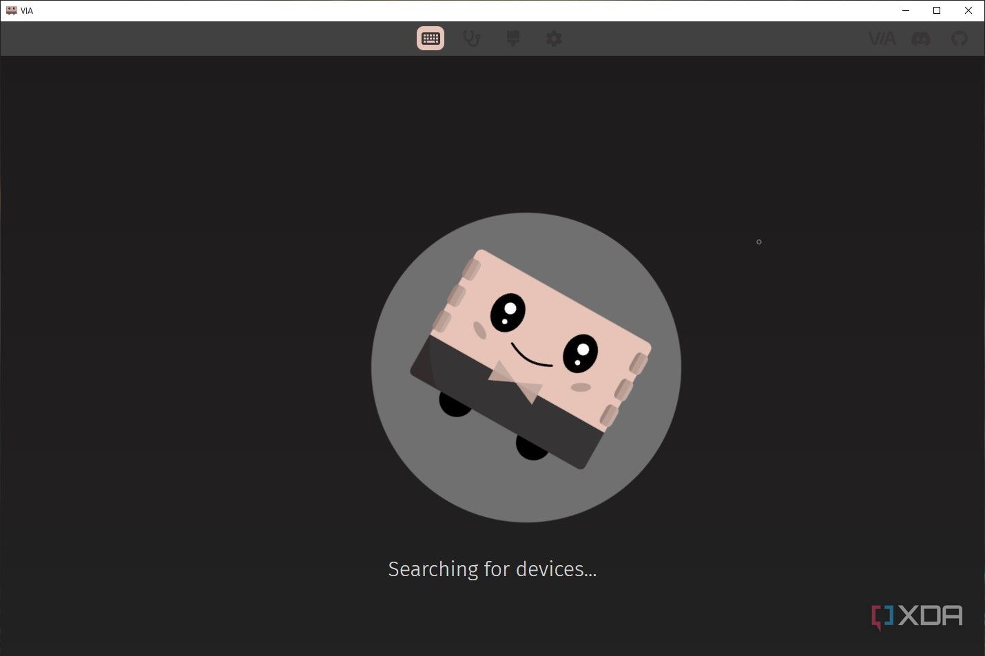 Screenshot of VIA web app showing the Configure tab showing it searching for devices