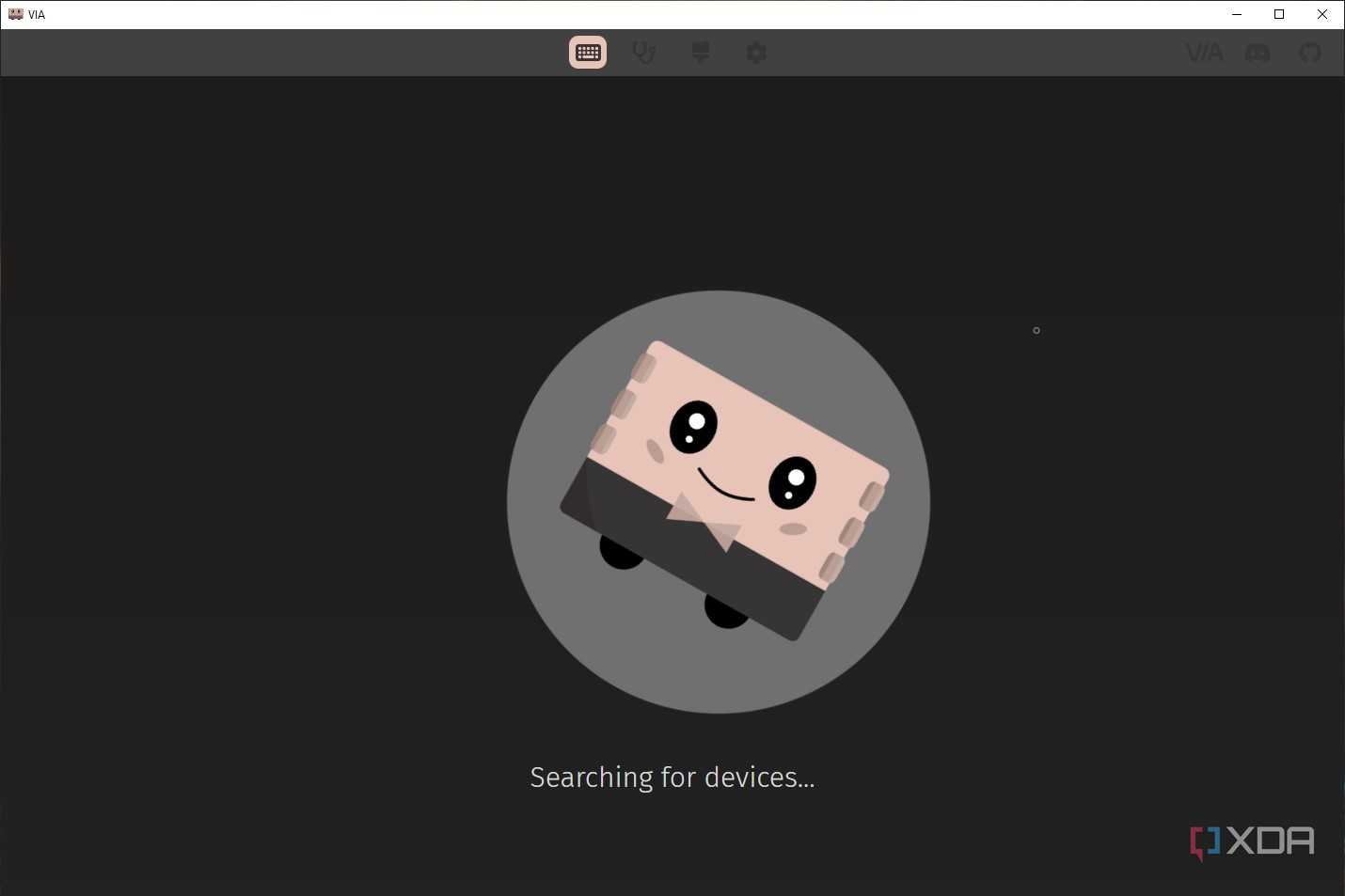 Screenshot of VIA web app showing the Configure tab showing it searching for devices