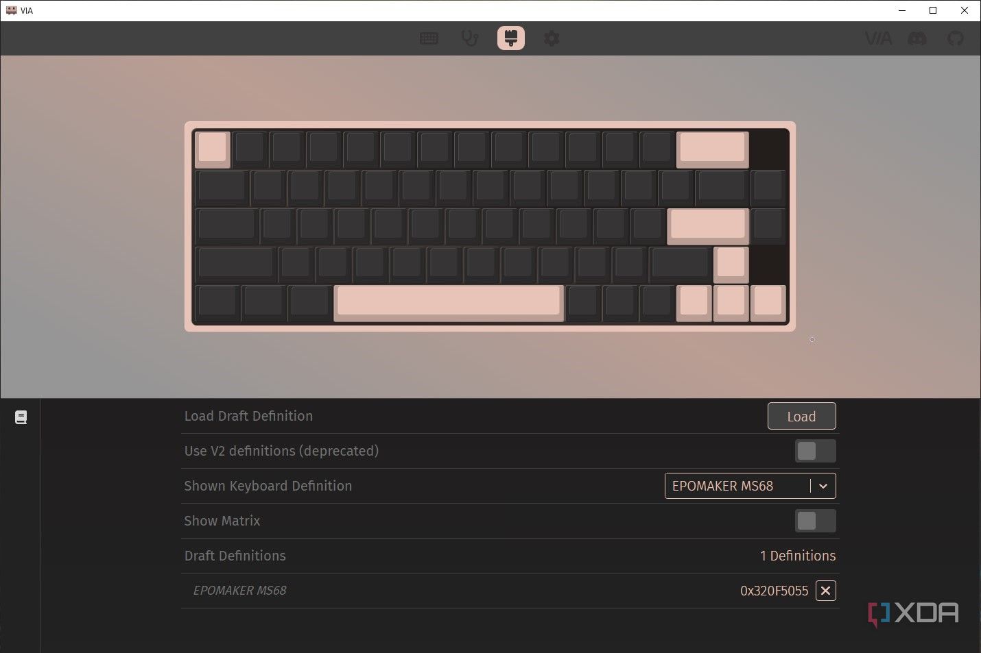 Screenshot of VIA app showing a JSON file upload on the Design tab