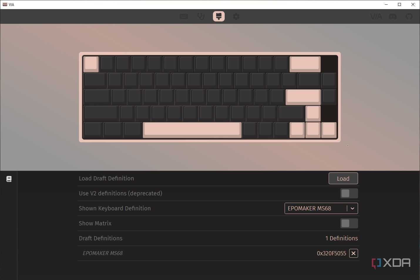 Screenshot of VIA app showing a JSON file upload on the Design tab