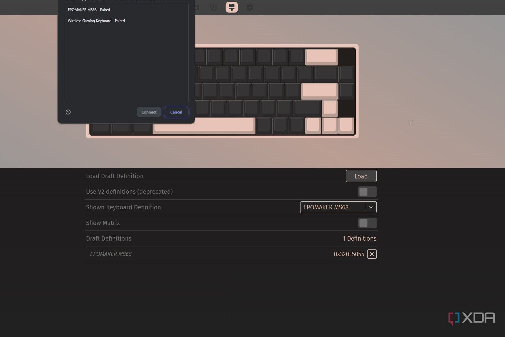 Screenshot of VIA web app showing a prompt to connect to the keyboard