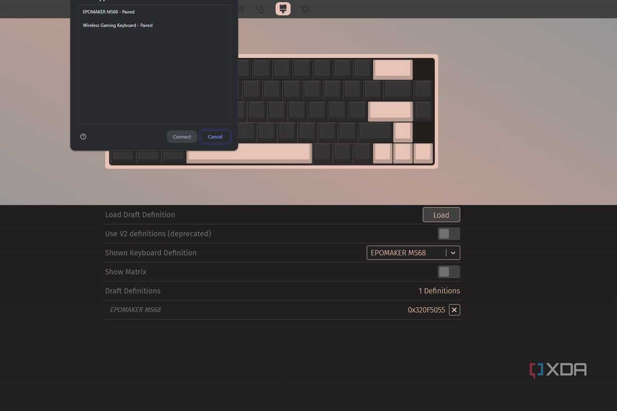 Screenshot of VIA web app showing a prompt to connect to the keyboard