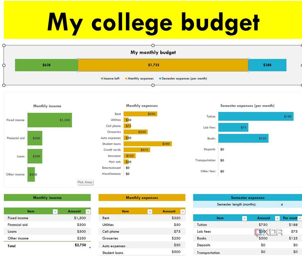 Monthly college expenses Excel template