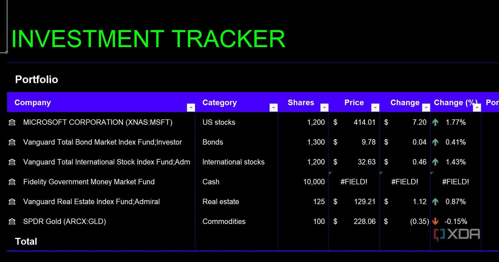 Investment tracker Excel template