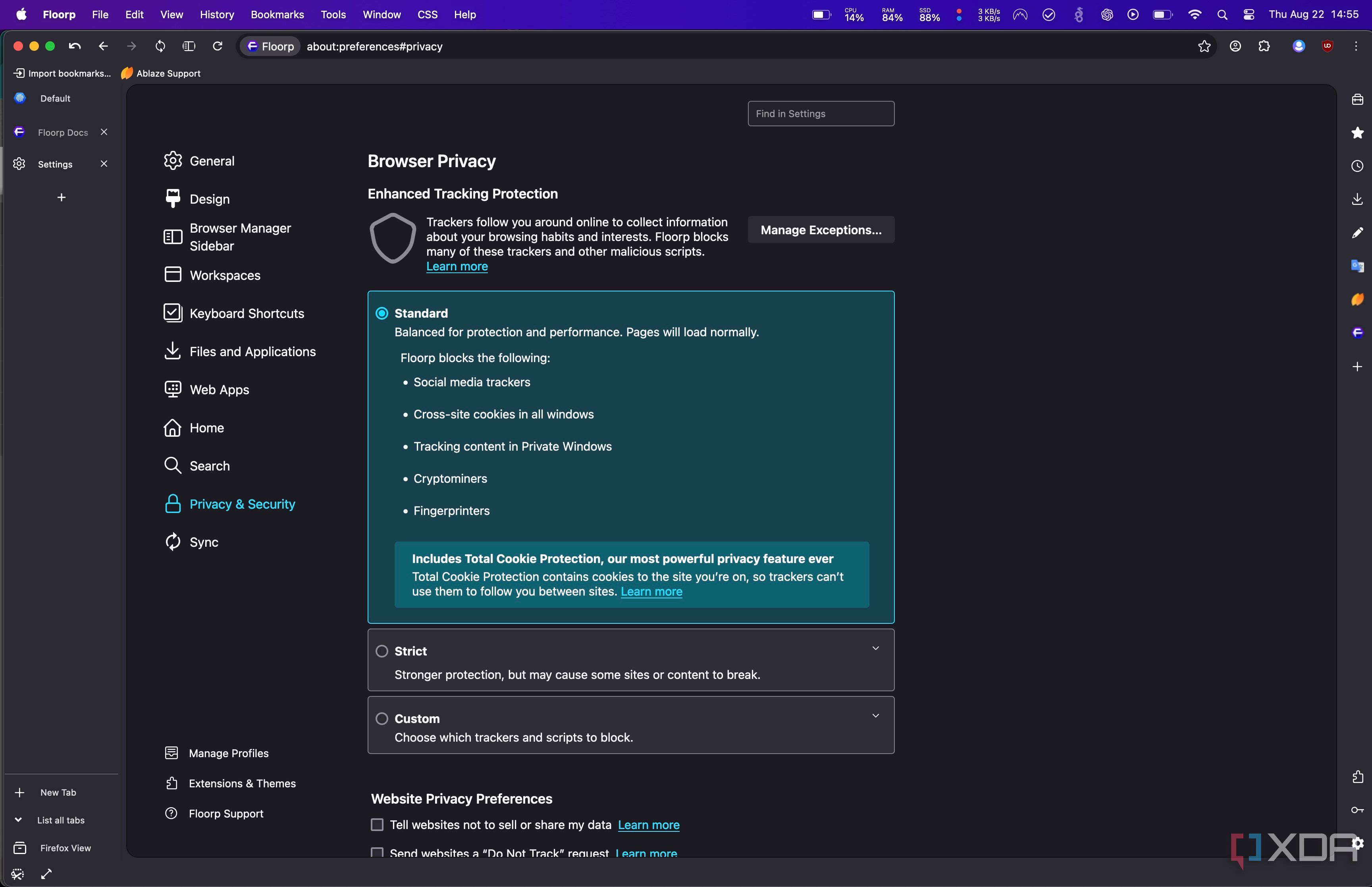 Floorp browser privacy setting
