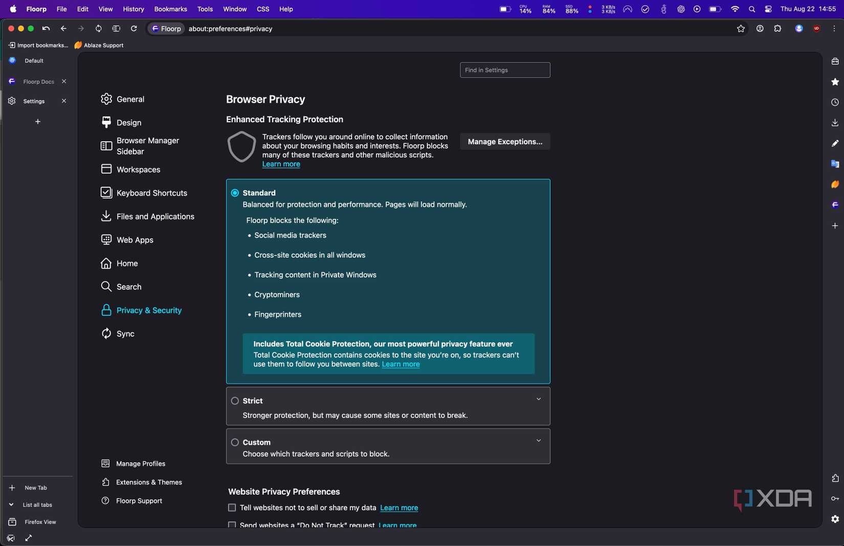 Floorp browser privacy setting