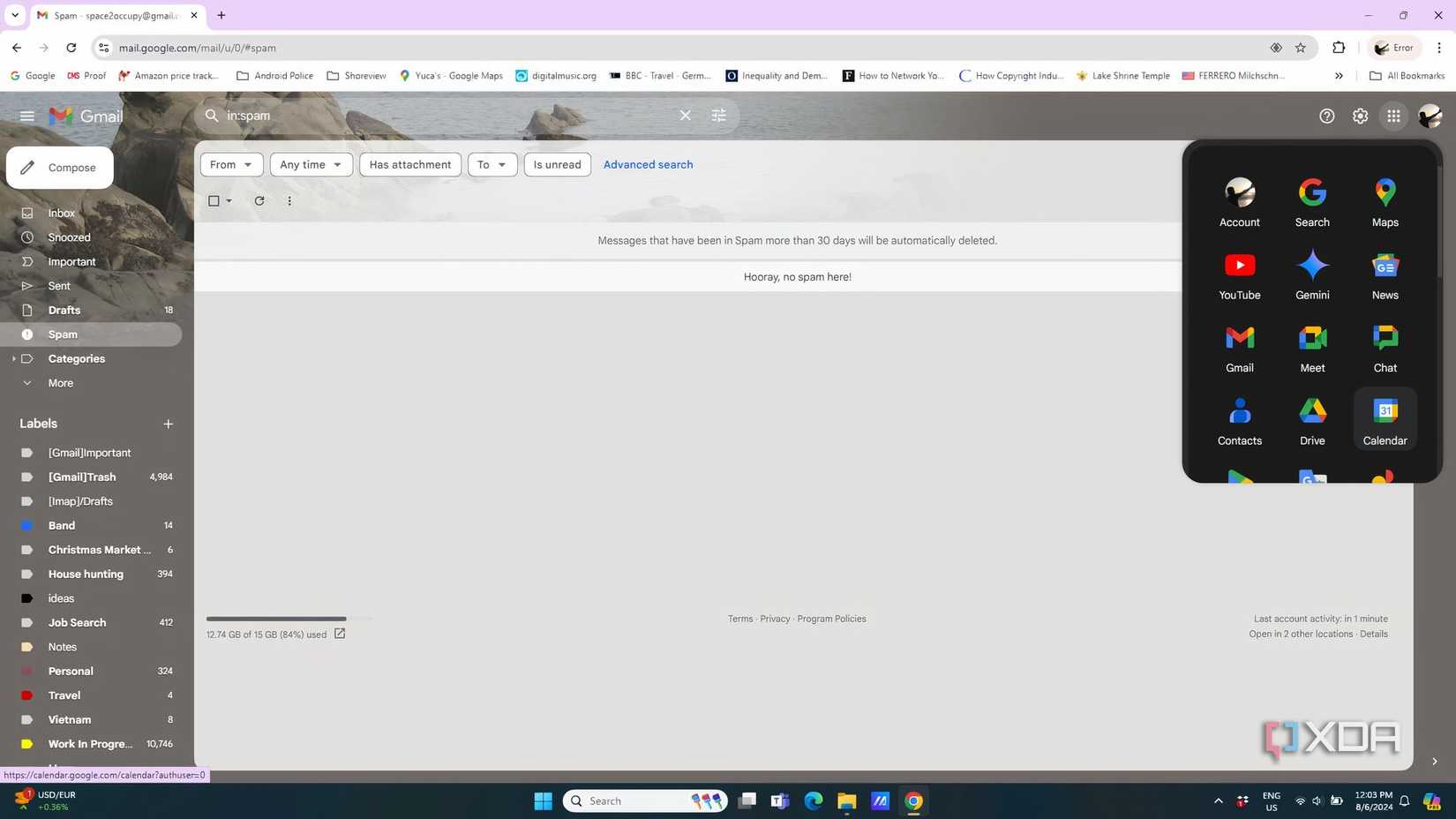Window with Gmail open and a pop up menu with Calendar highlighted
