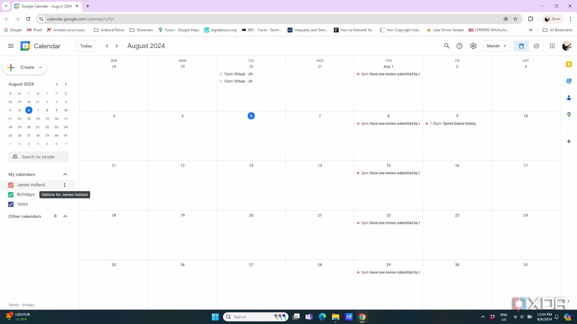 Google calendar window open with the proper calendar selected