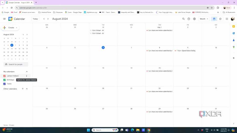 Google calendar window open with the proper calendar selected