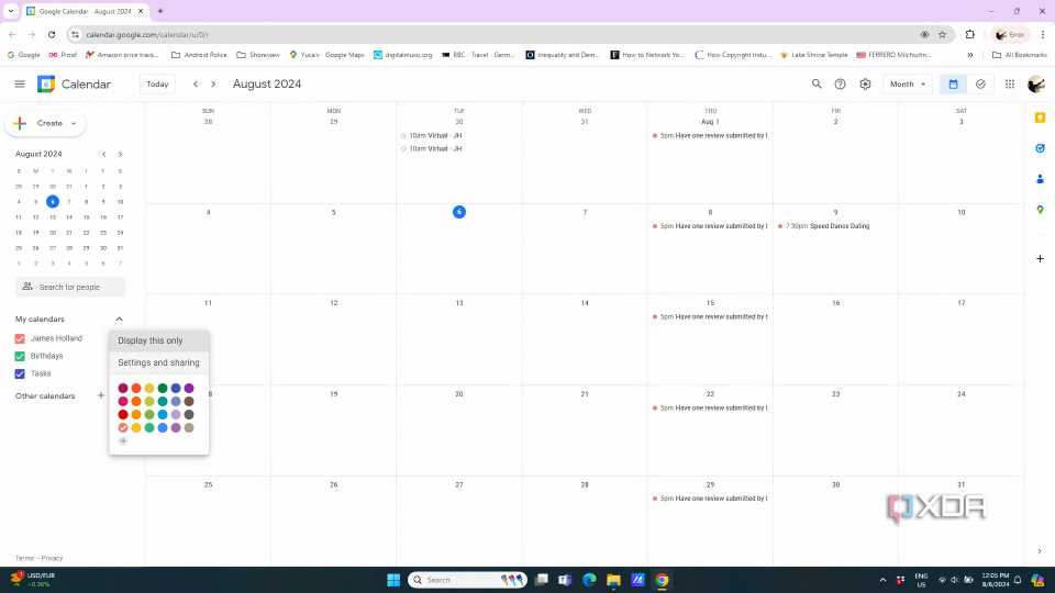Google Calendar window open and in process of selecting settings for specific calendar
