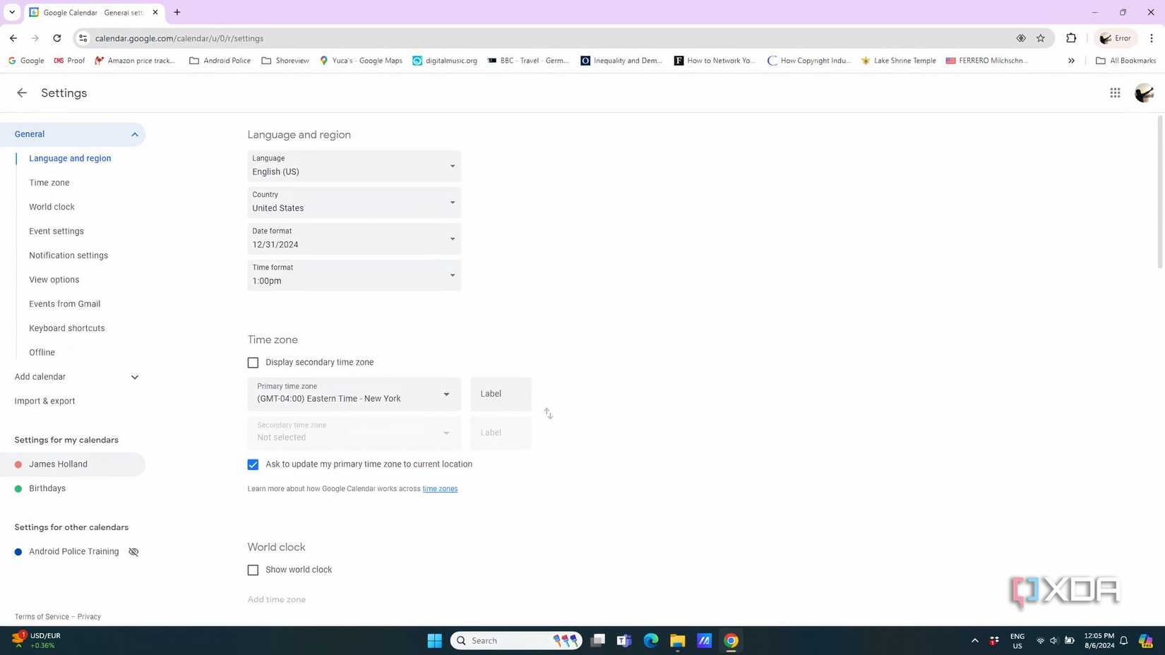 Google calendar settings window open