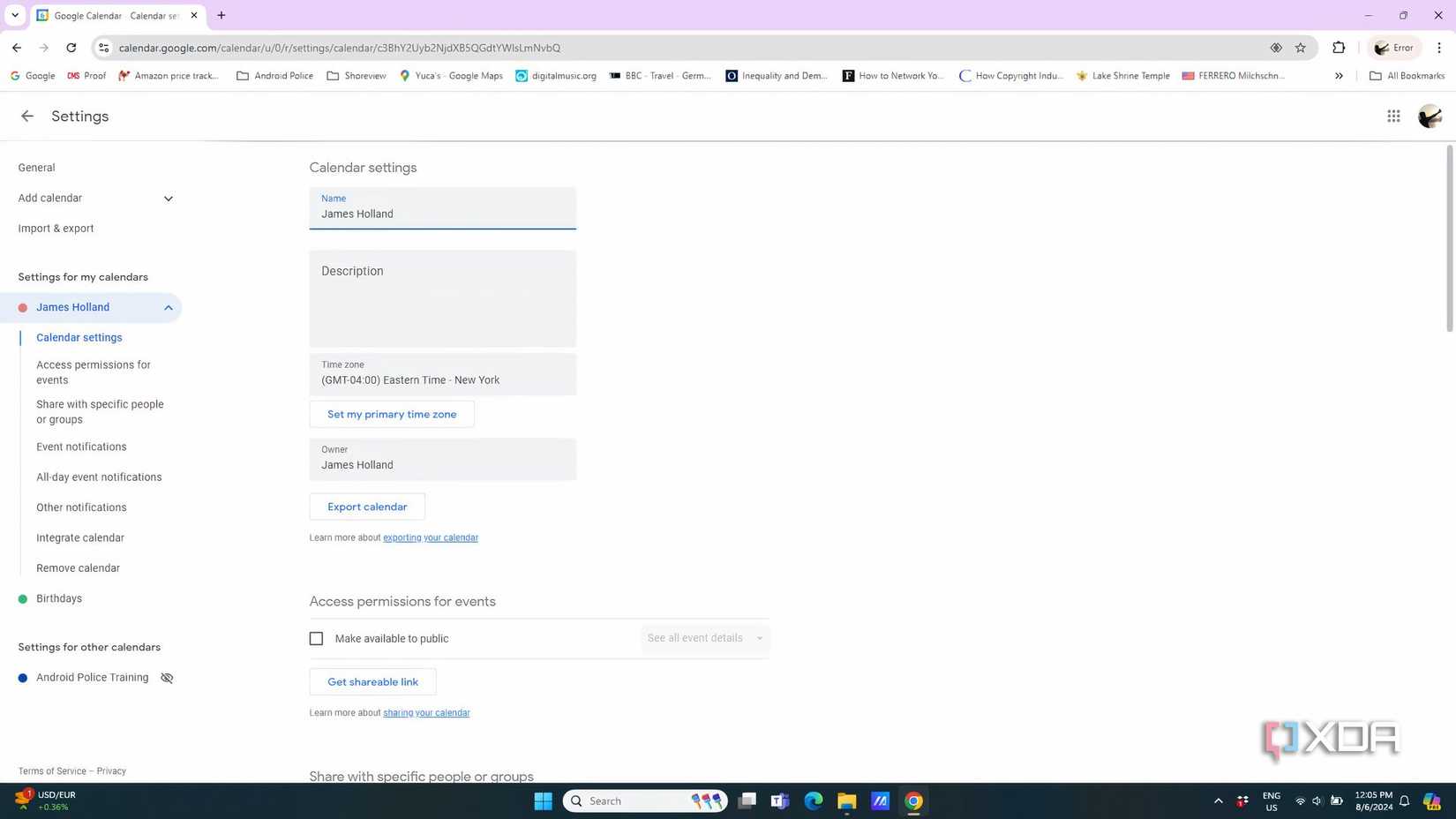 Google calendar settings window open with settings for specific calendar selected