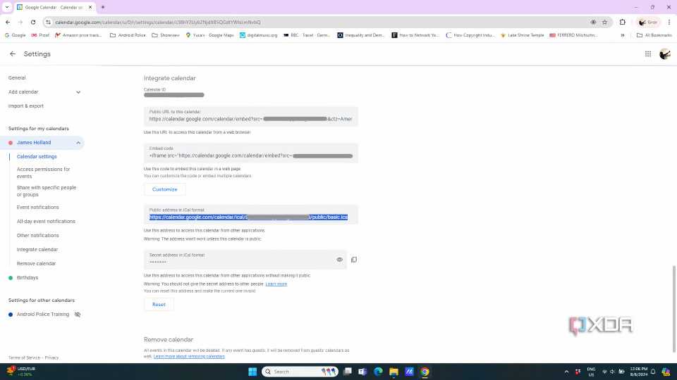 Google Calendar settings open, in process of selecting public iCal link
