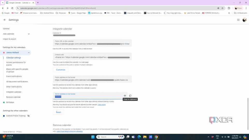 Google Calendar settings open, in process of selecting private iCal link
