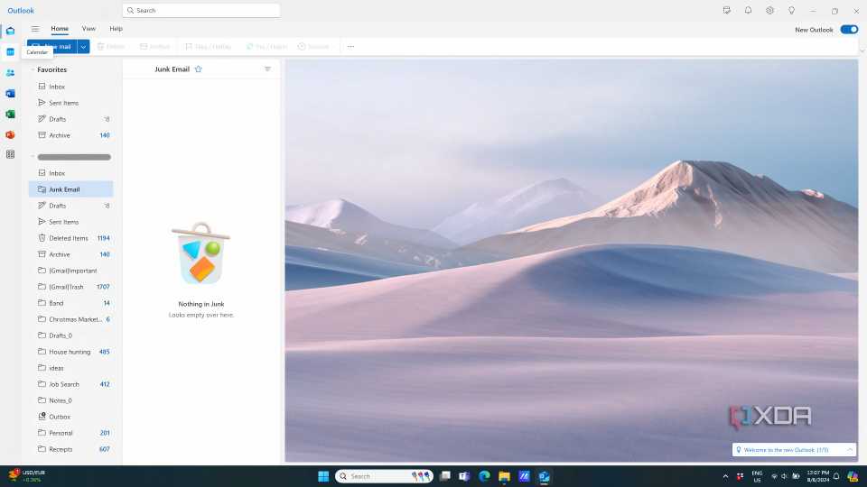 Outlook window open, in process of selecting Outlook calendar