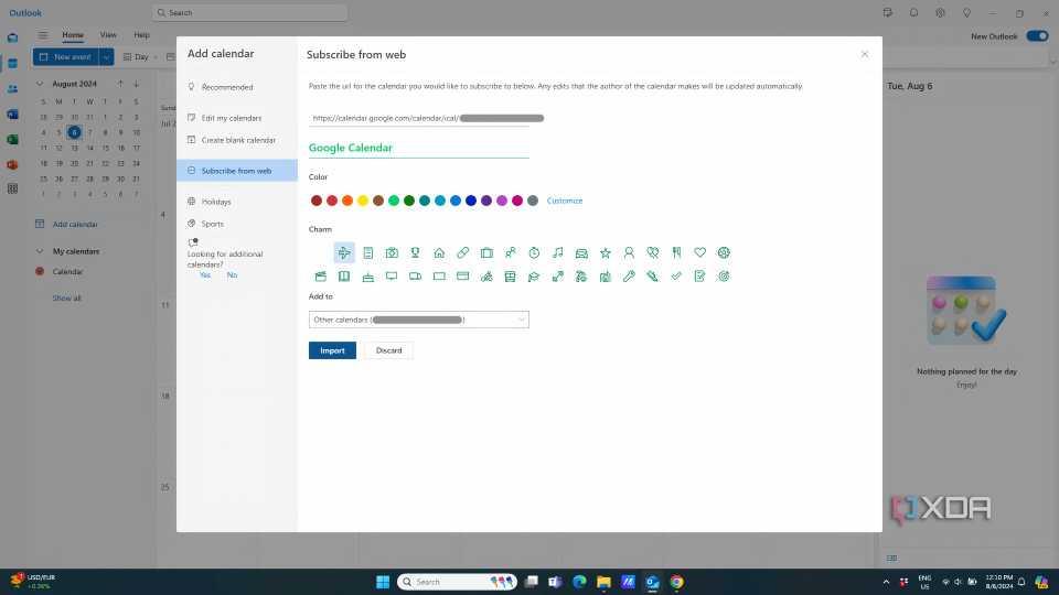 Outlook calendar with window open to select settings for importing Google Calendar