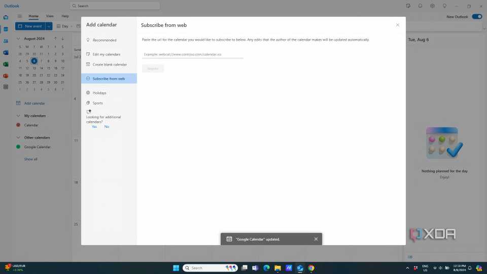 Outlook calendar window open with Google Calendar imported