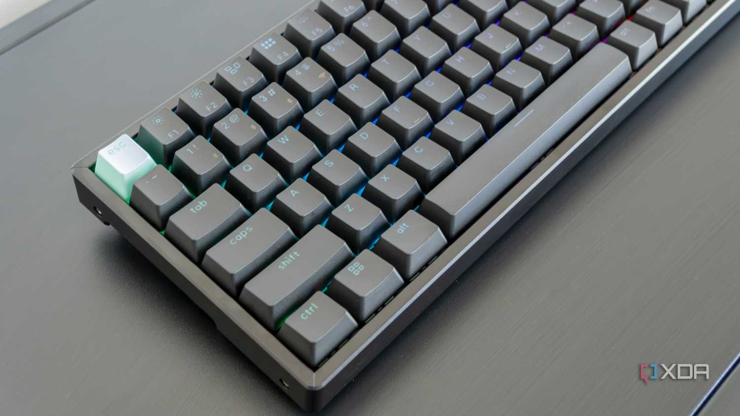 Close-up view of the right side of the Keychron K2 HE with RGB lighting enabled