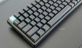 Close-up view of the right side of the Keychron K2 HE with RGB lighting enabled