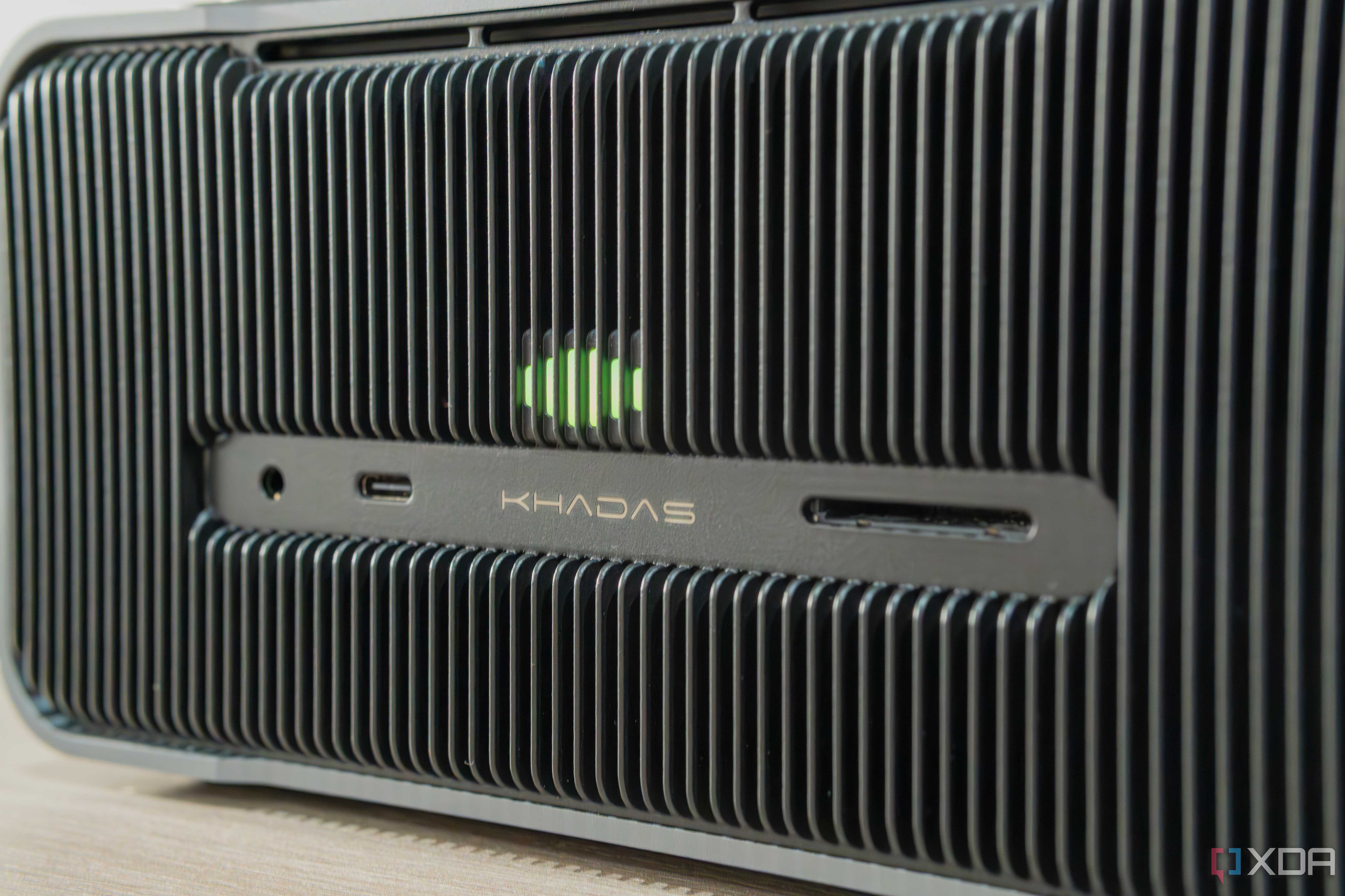 Close-up view of the ports on the front of the Khadas Mind Graphics