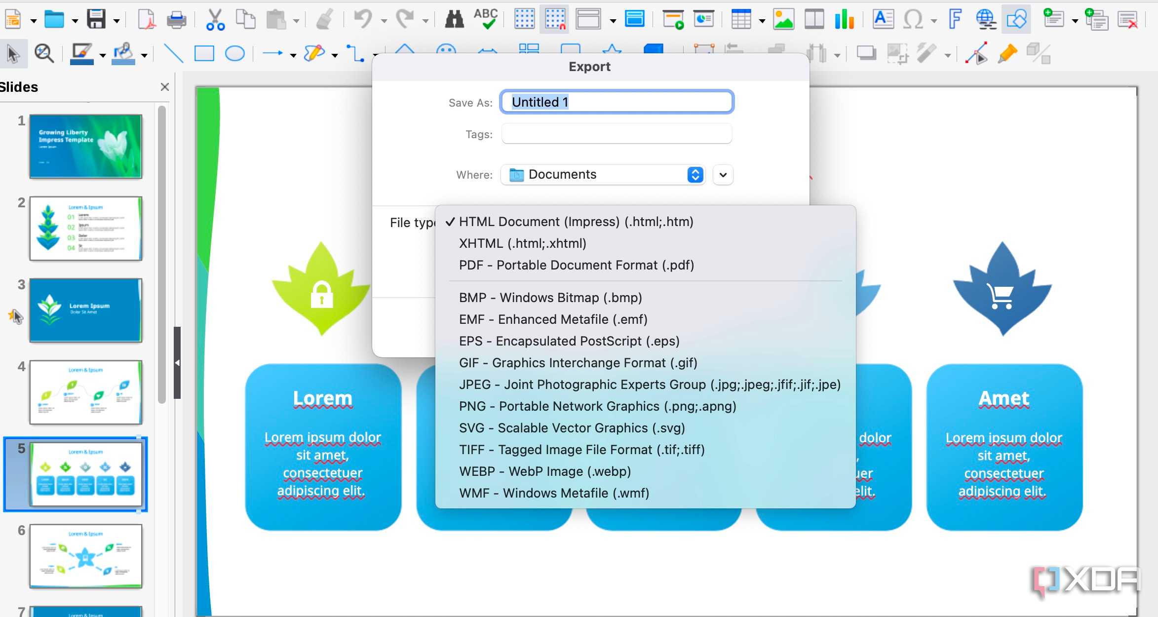 LibreOffice export options