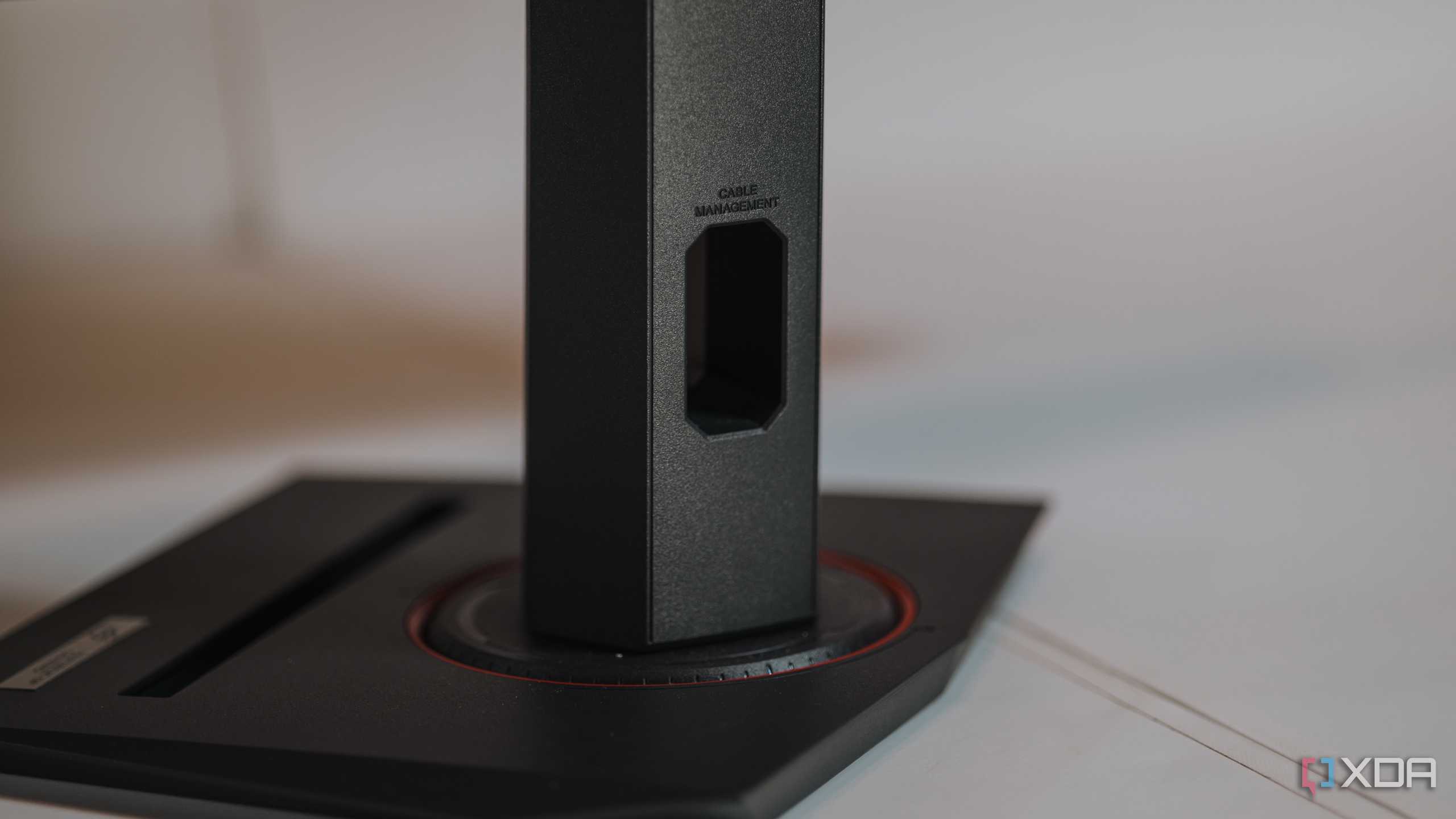 Back side of stand on Asus ROG Strix XG27UCS gaming monitor