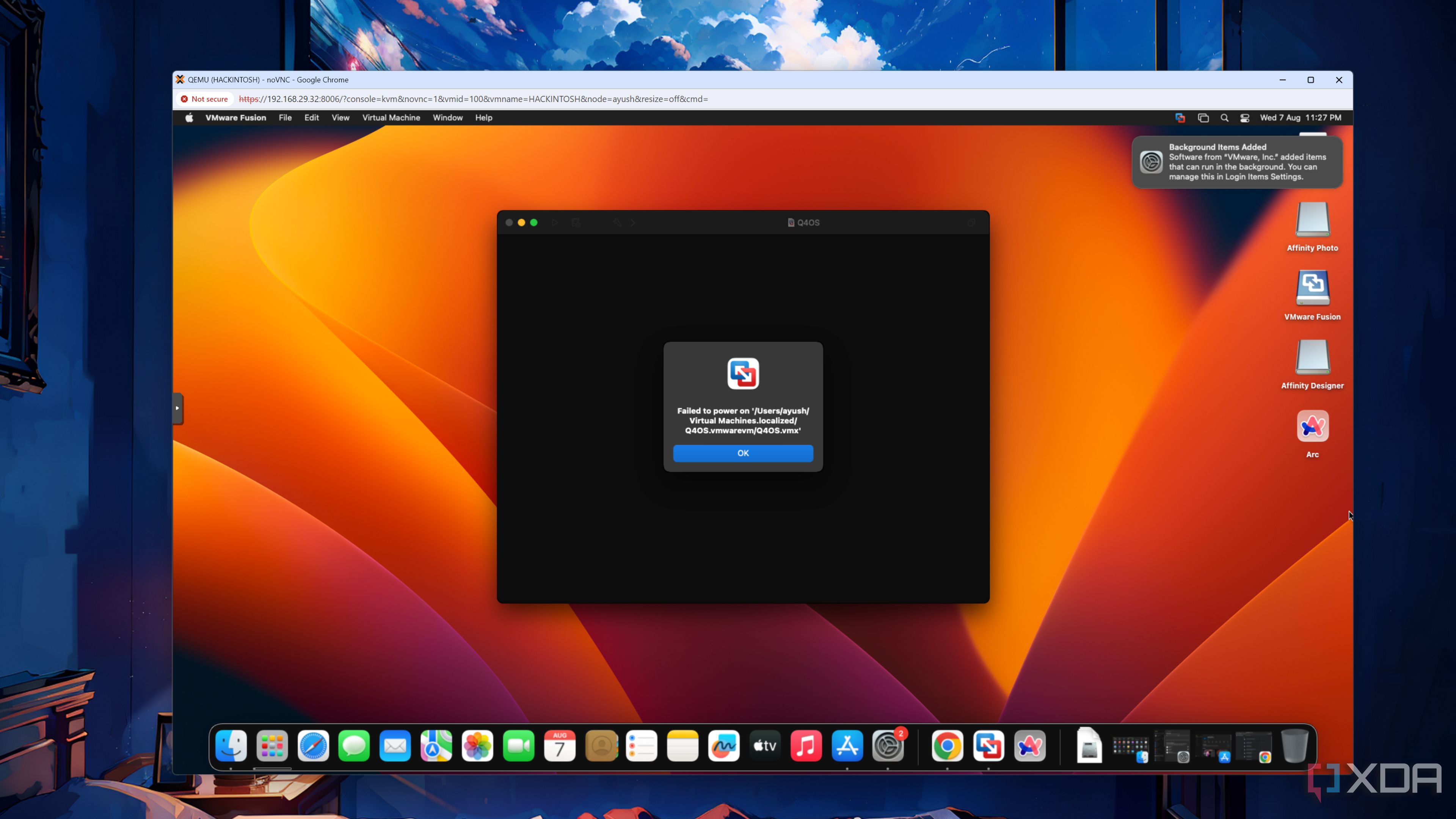 A Q4OS virtual machine failing to boot on a macOS Ventura VM in Proxmox