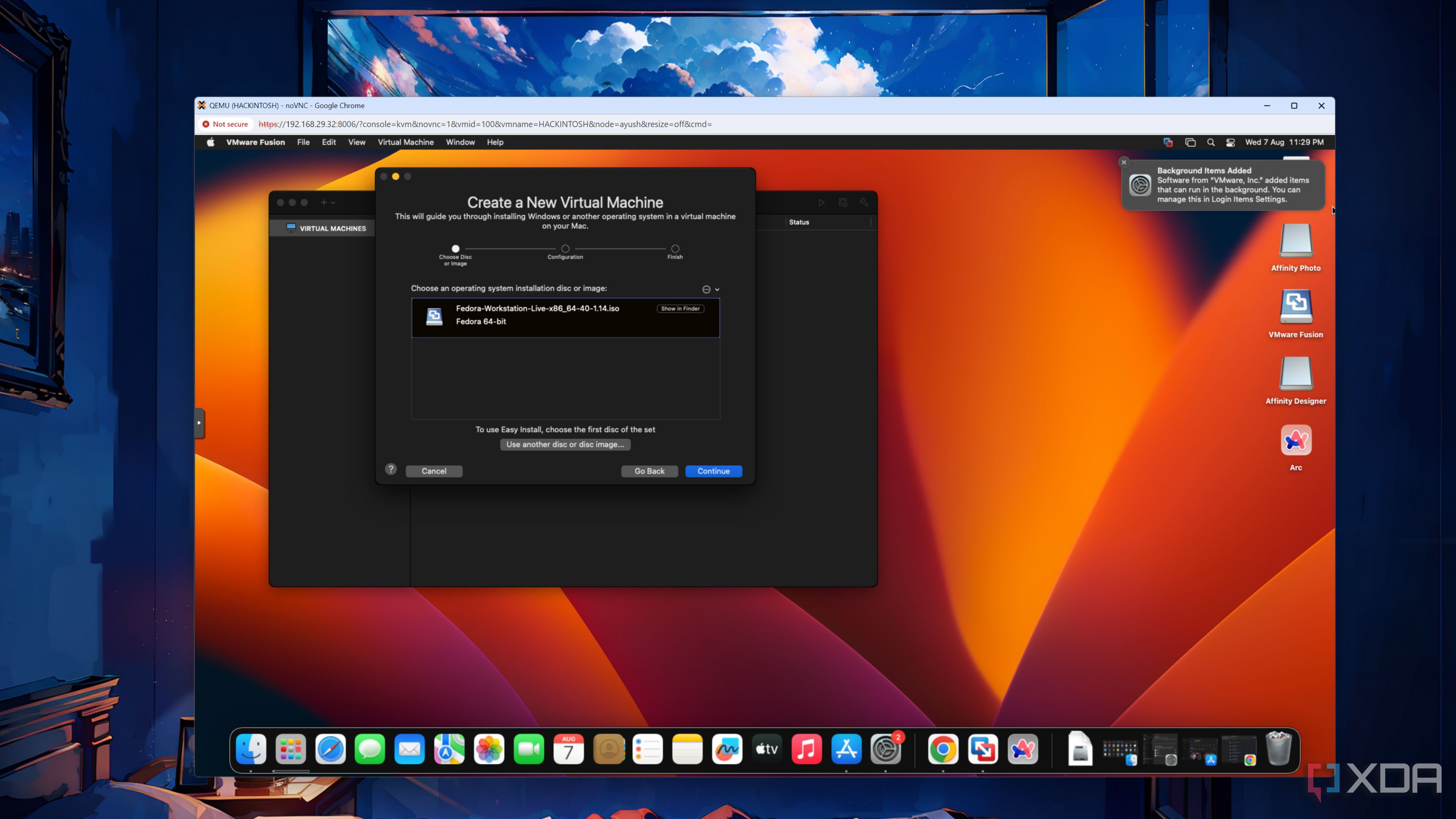 The VMware Fusion Pro interface in a macOS Ventura VM in Proxmox