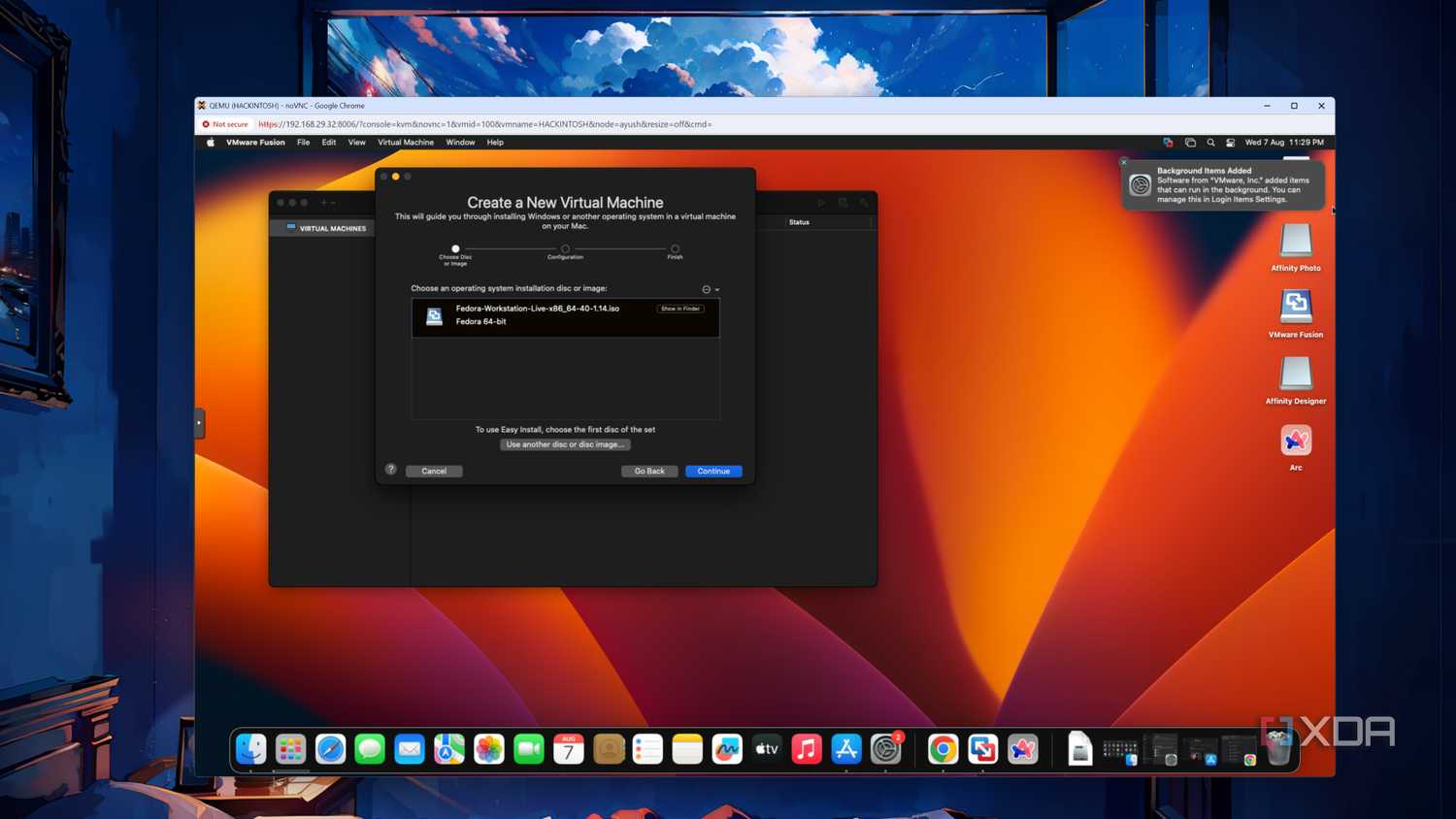 The VMware Fusion Pro interface in a macOS Ventura VM in Proxmox