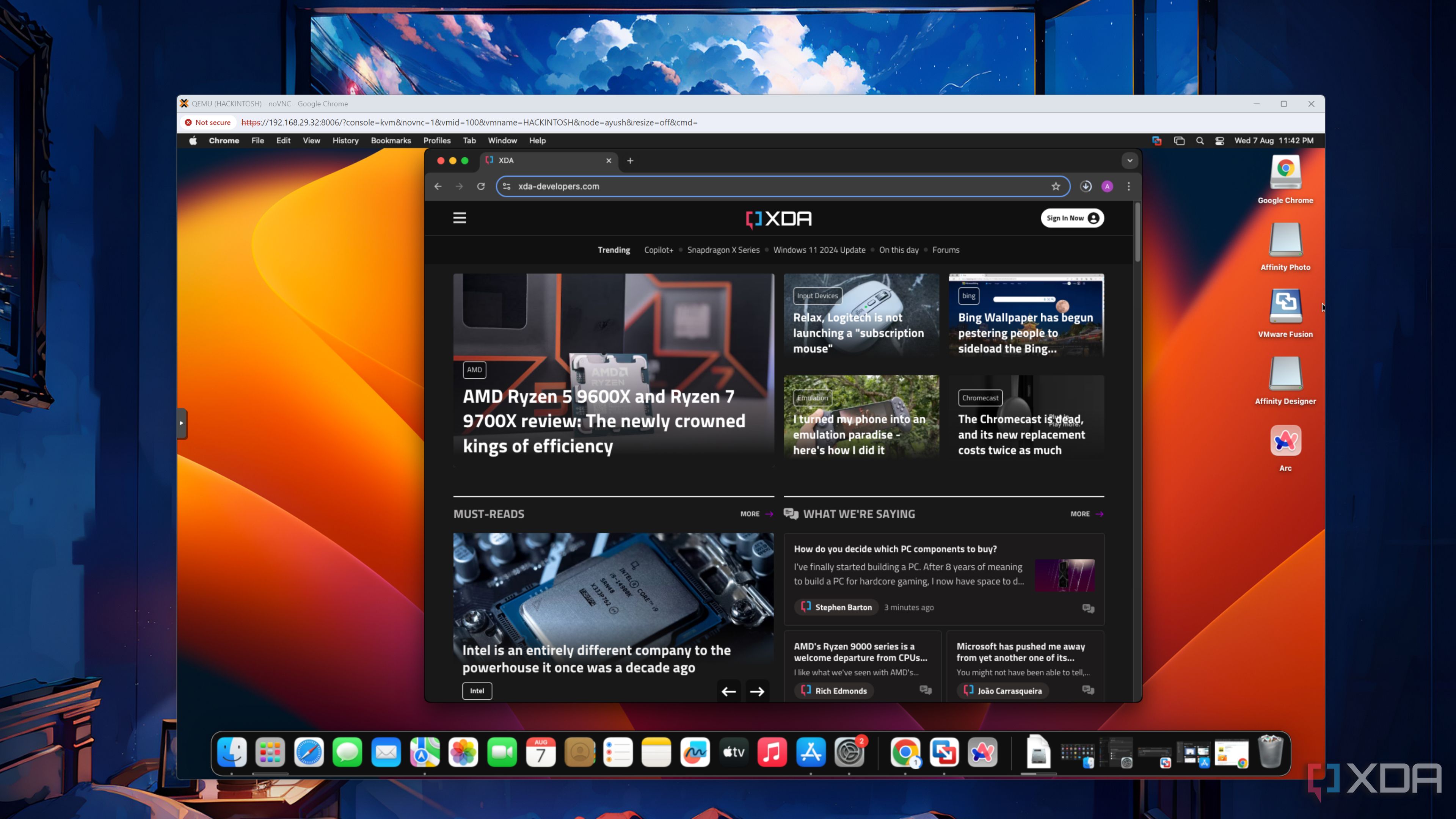The XDA website running on Chrome in a macOS Ventura VM in Proxmox