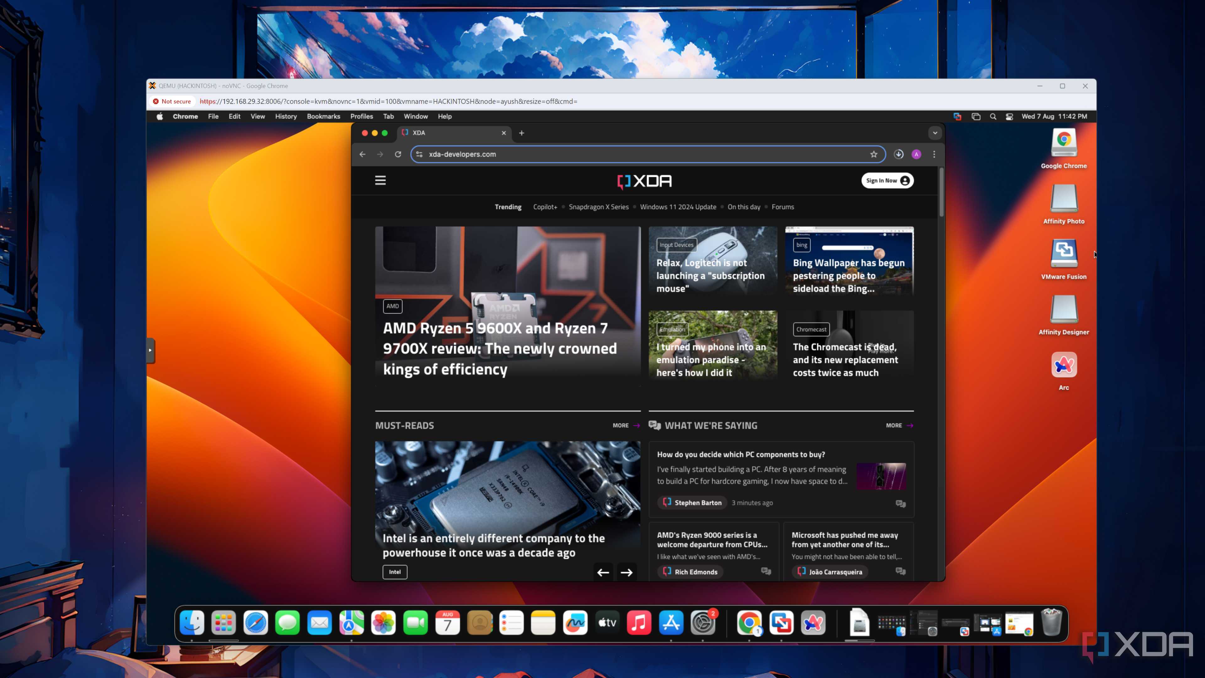 The XDA website running on Chrome in a macOS Ventura VM in Proxmox